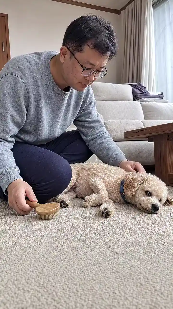 보호자가 누워 있는 반려견의 털을 빗는 세로형 릴스